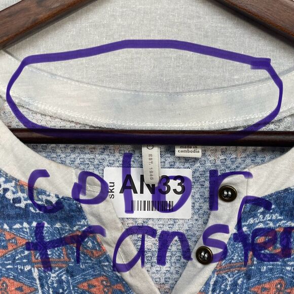 Cato Shirt Top Women Size L Blue Printed Stretch Popover Short Sleeve STAINS - Picture 4 of 14